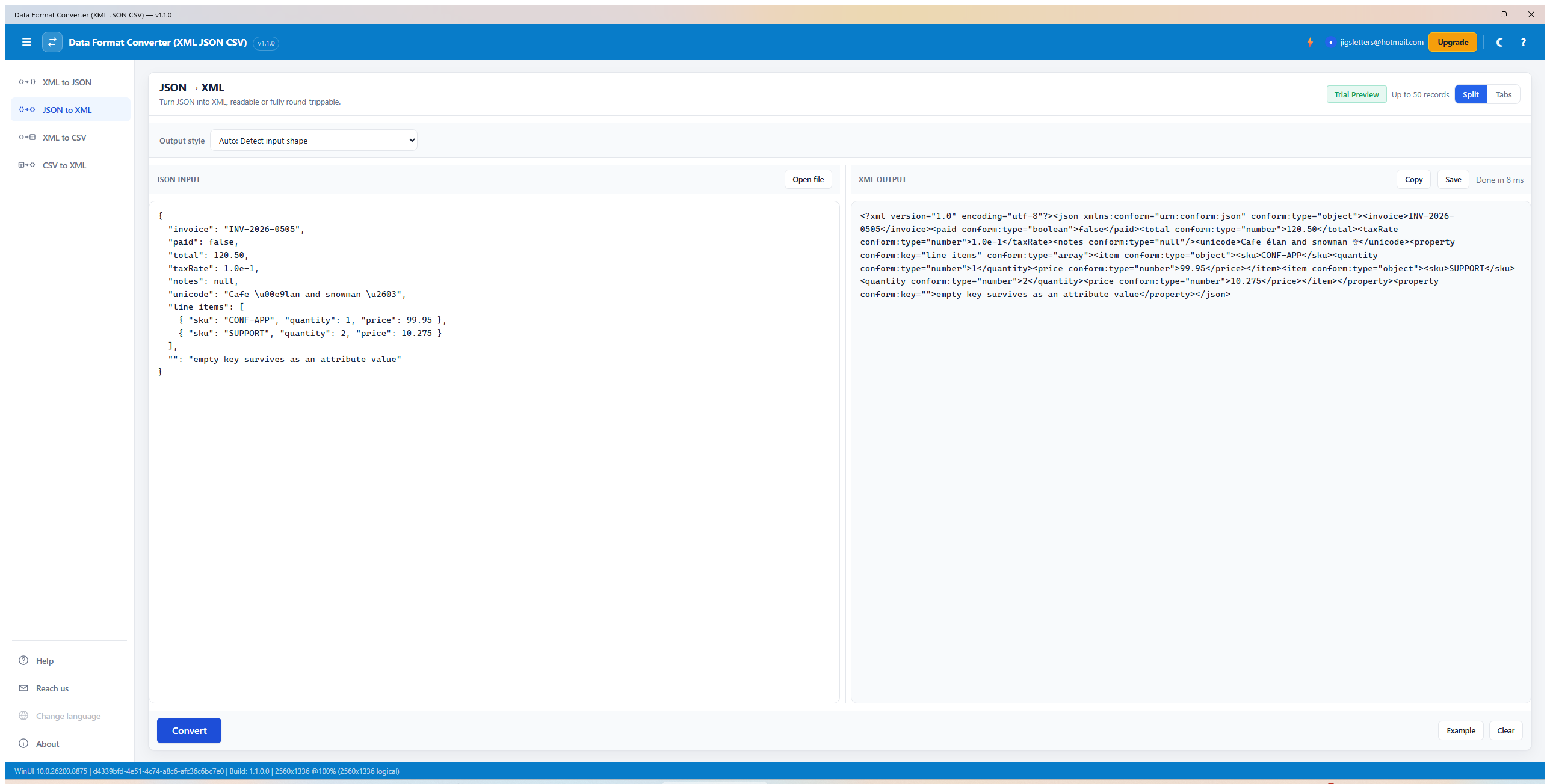 Data Format Converter JSON to XML screen