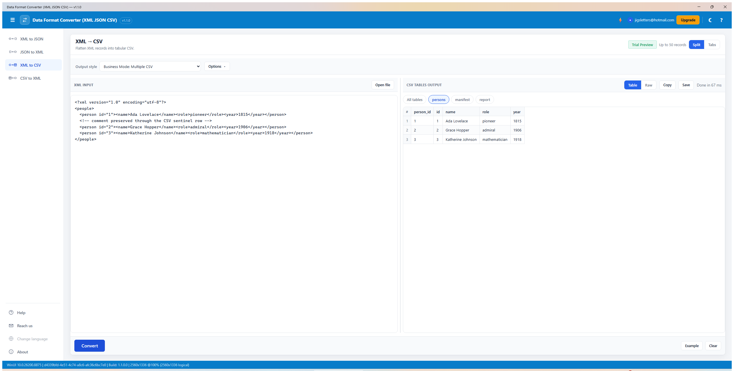 Data Format Converter XML to CSV screen