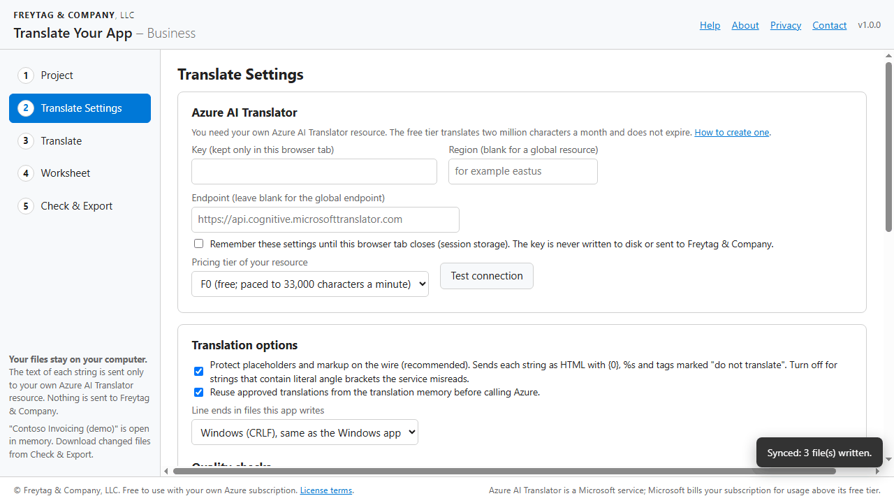 Translate Settings: key, region, pricing tier, options, glossary and memory