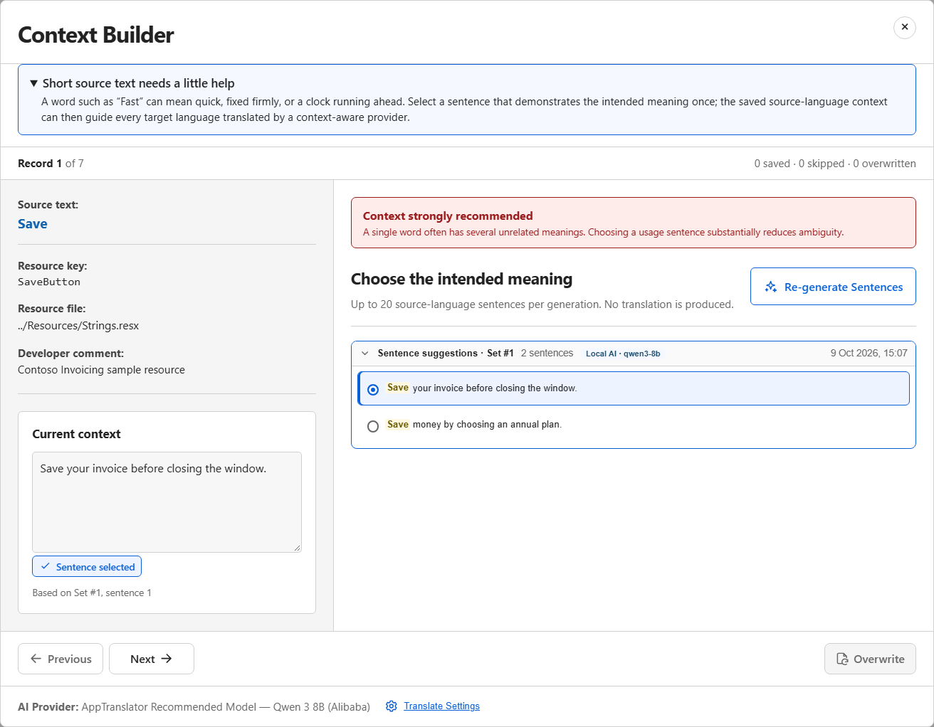 Context Builder offering two example sentences for the word Save, with 'Save your invoice before closing the window' selected.